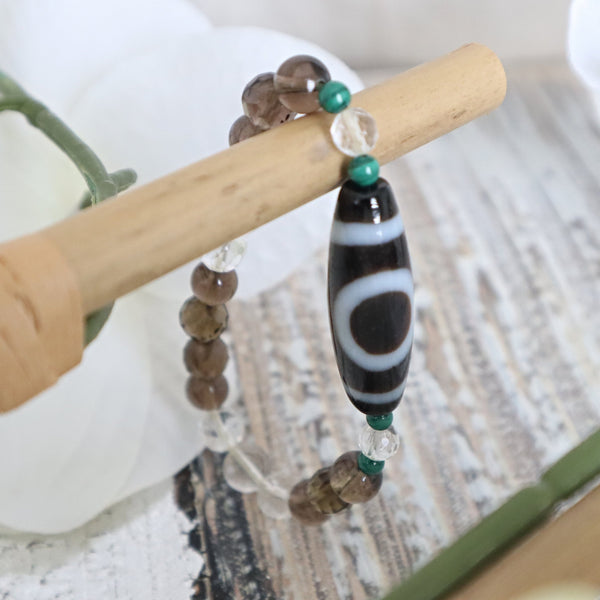 2 Eyed Dzi Bead Bracelet: Tibetan Agate, Malachite, Quartz