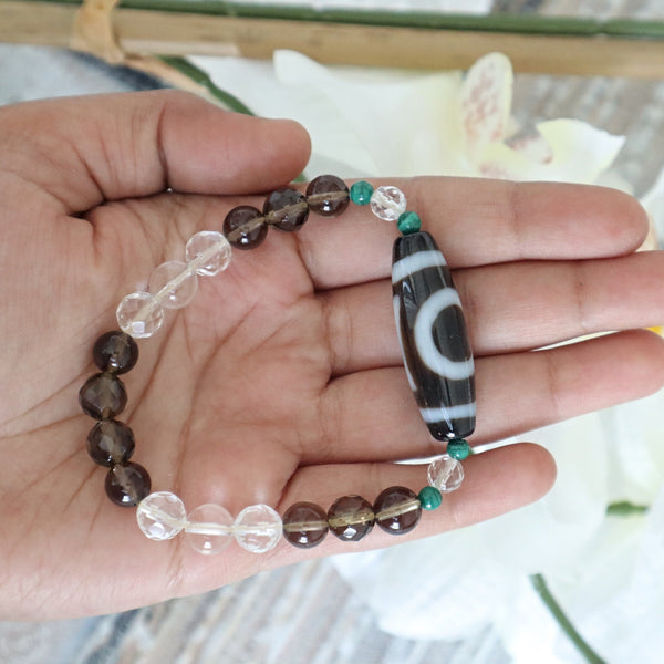 2 Eyed Dzi Bead Bracelet: Tibetan Agate, Malachite, Quartz