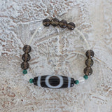 2 Eyed Dzi Bead Bracelet: Tibetan Agate, Malachite, Quartz