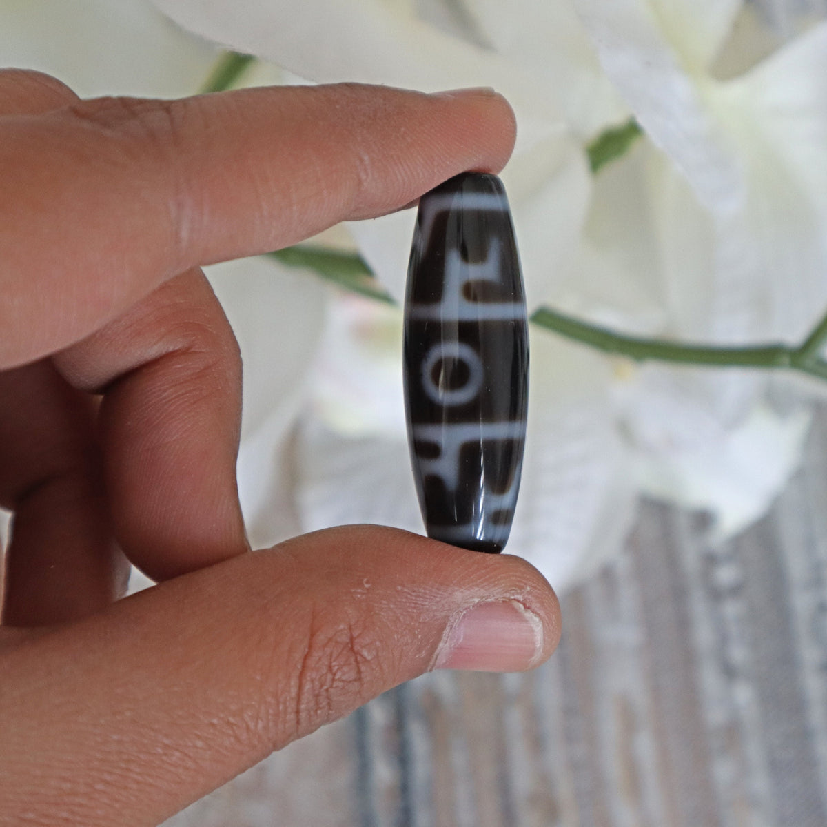 Rare 2 Eye Dzi Bead: Hand Carved Tibetan Agate