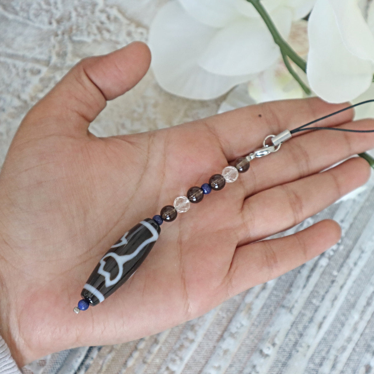Lotus Tibetan Agate Dzi Bead Car Charm: Lapis & Quartz Crystal Strap
