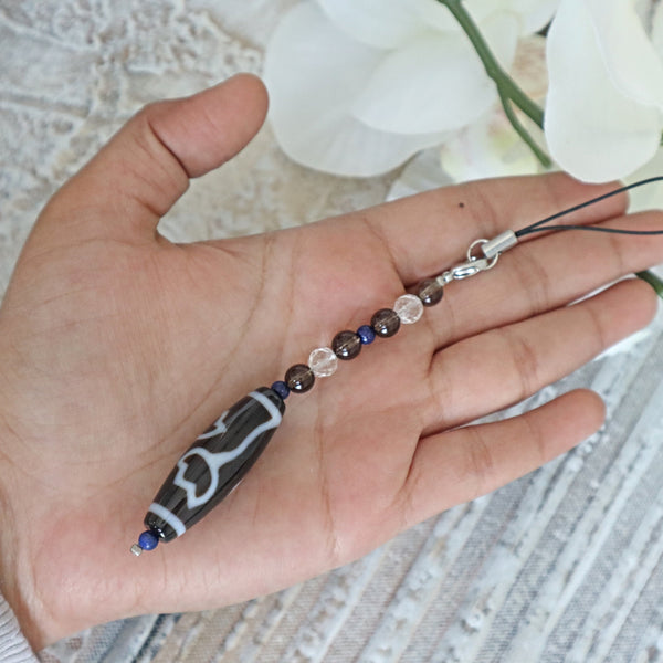 Lotus Tibetan Agate Dzi Bead Car Charm: Lapis & Quartz Crystal Strap