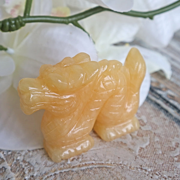Hand Carved Orange Calcite Dragon: Feng Shui Home Decor