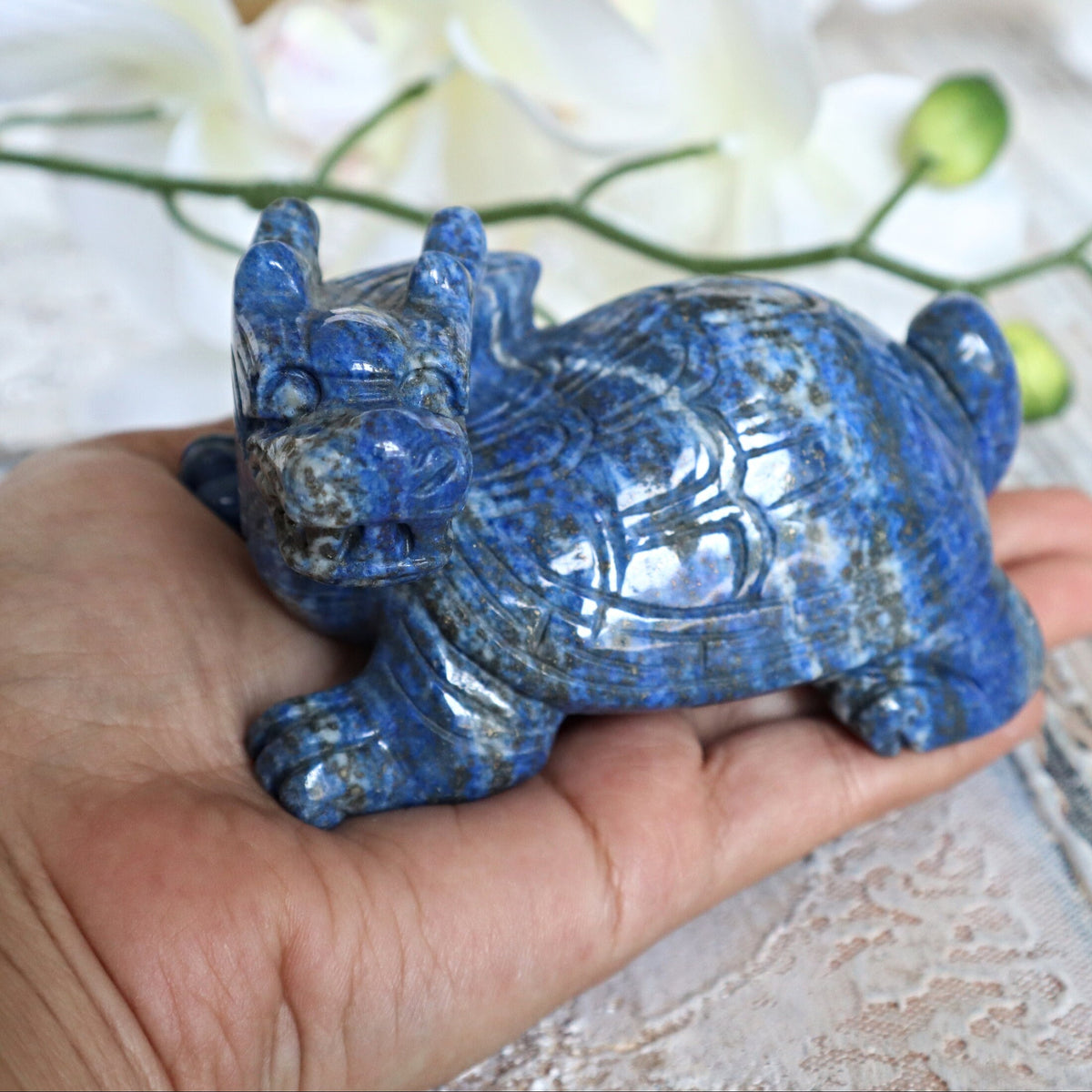 Lapis Lazuli Dragon Turtle: Hand Carved Genbu Feng Shui Decor