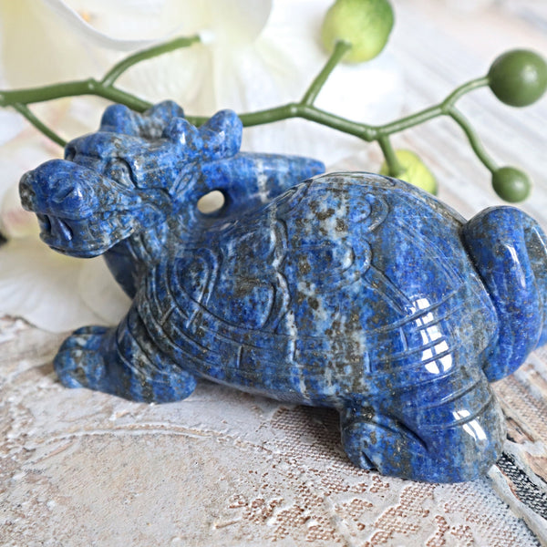 Lapis Lazuli Dragon Turtle: Hand Carved Genbu Feng Shui Decor
