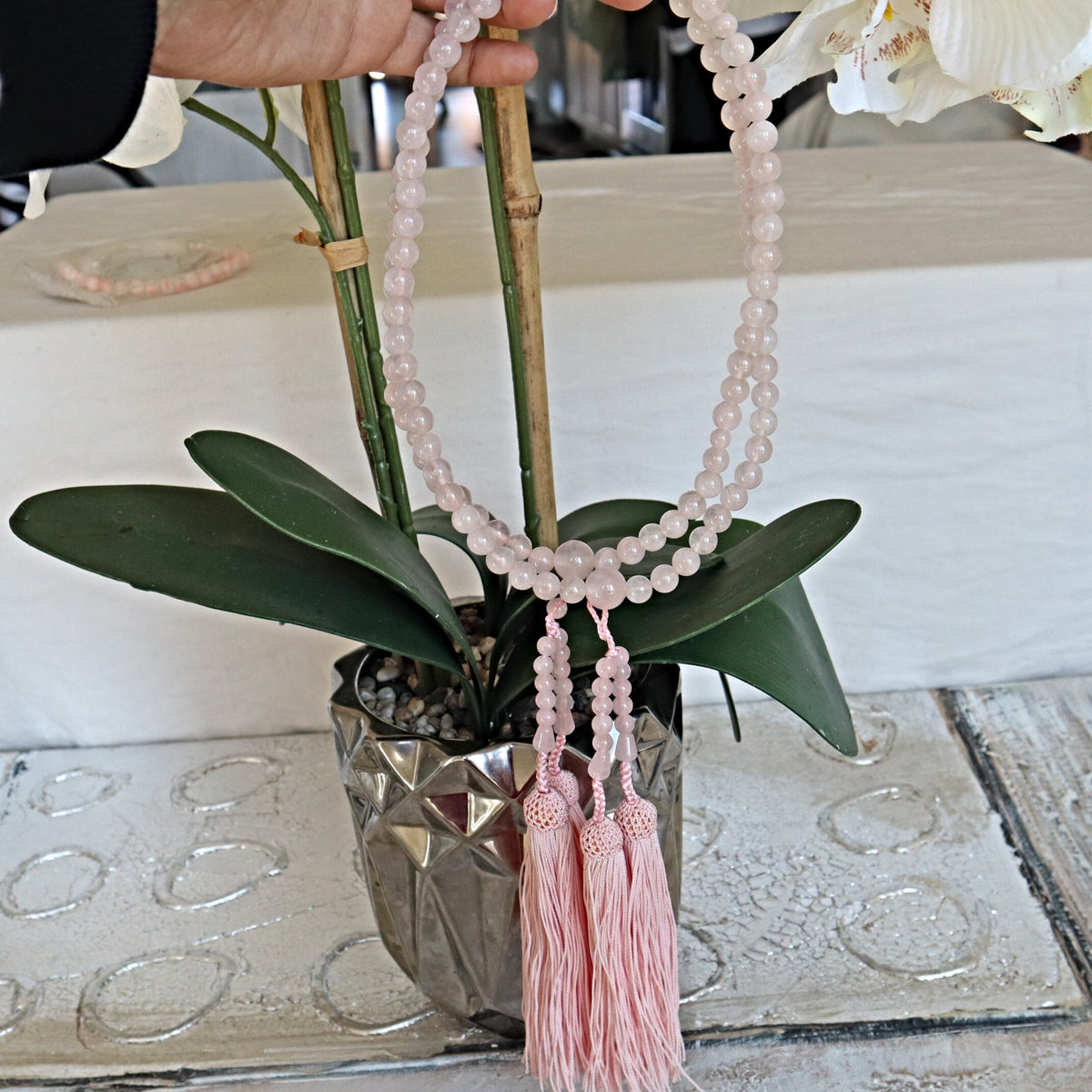 Rose Quartz Mala Beads: Japanese Zen Meditation Rosary with Tassels