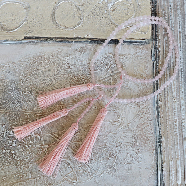 Rose Quartz Mala Beads: Japanese Zen Meditation Rosary with Tassels