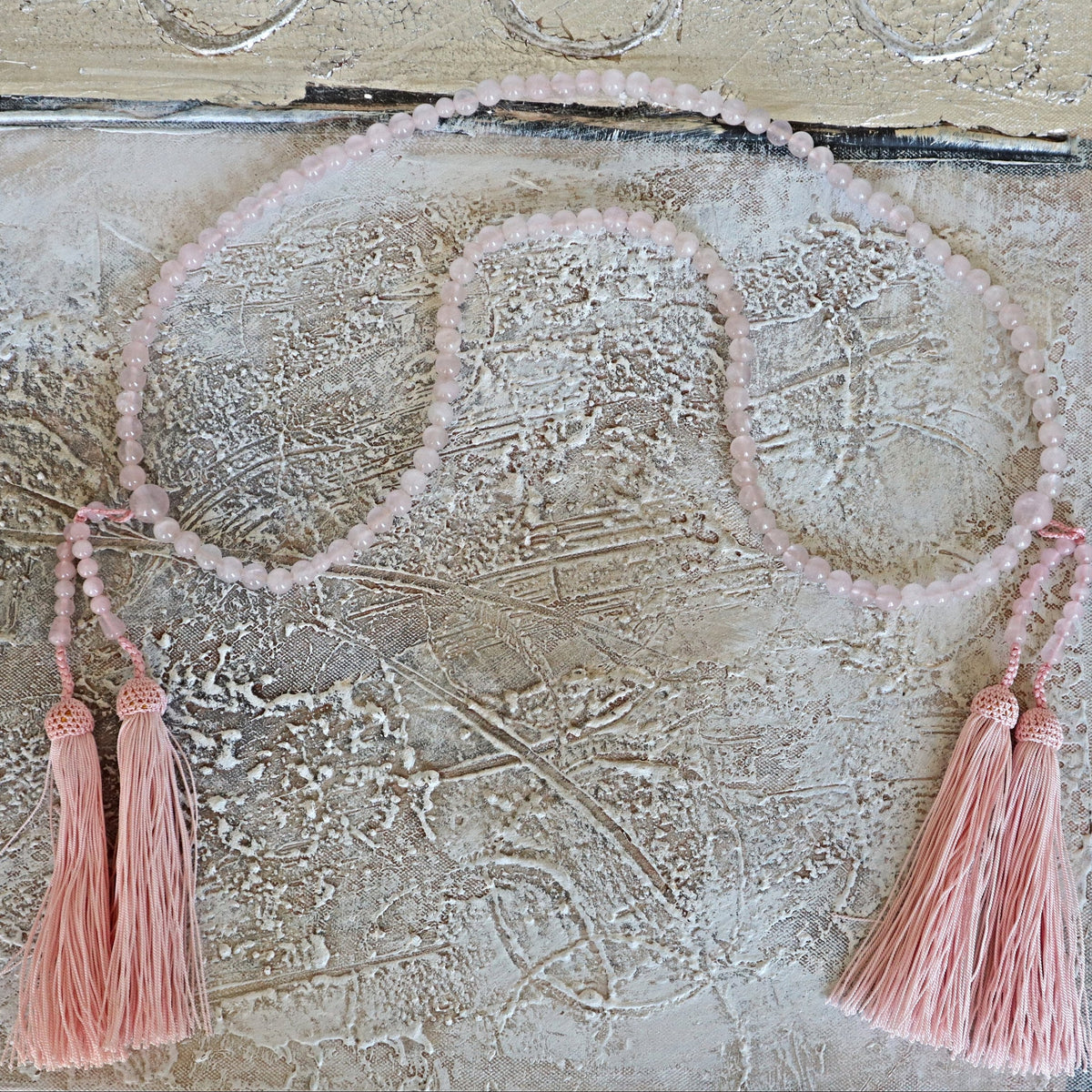 Rose Quartz Mala Beads: Japanese Zen Meditation Rosary with Tassels