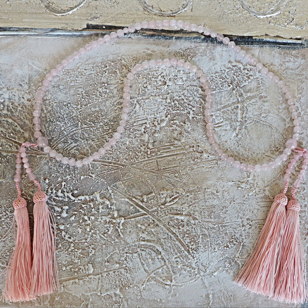 Rose Quartz Mala Beads: Japanese Zen Meditation Rosary with Tassels