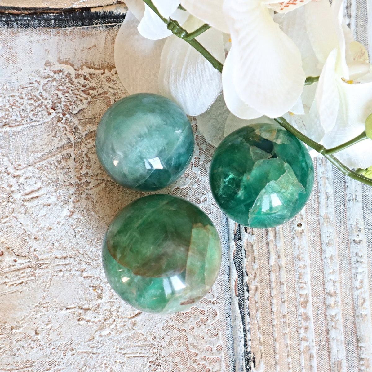 Green Fluorite Sphere: Polished Crystal for Abundance (60mm or 50mm)