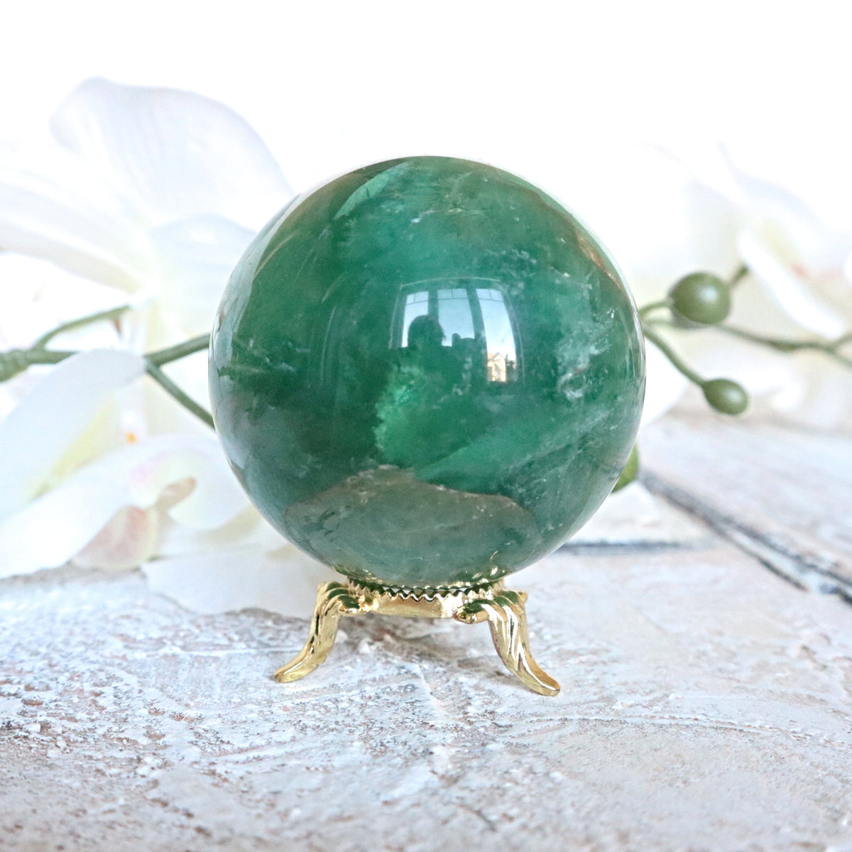 Green Fluorite Sphere: Polished Crystal for Abundance (60mm or 50mm)