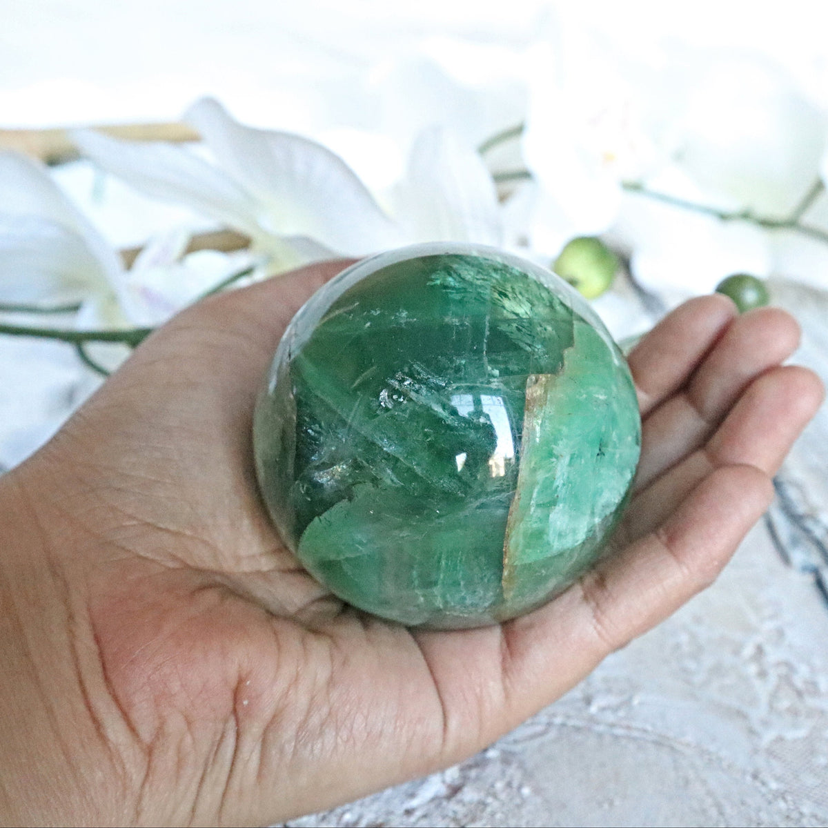 Green Fluorite Sphere: Polished Crystal for Abundance (60mm or 50mm)