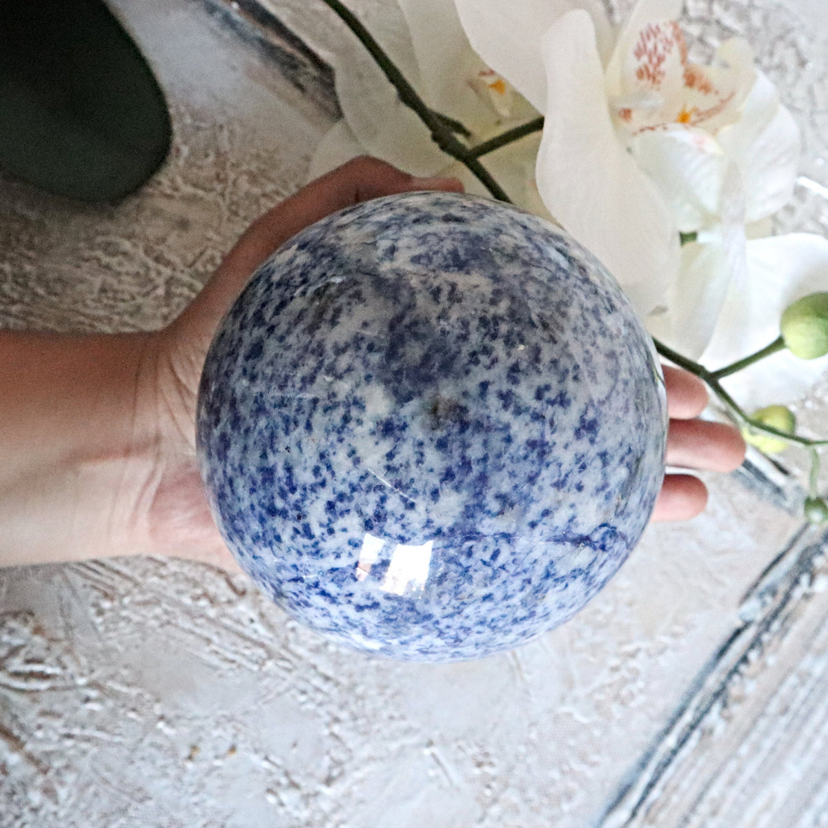 Blue Spotted Jasper Sphere 100 mm, 91 mm
