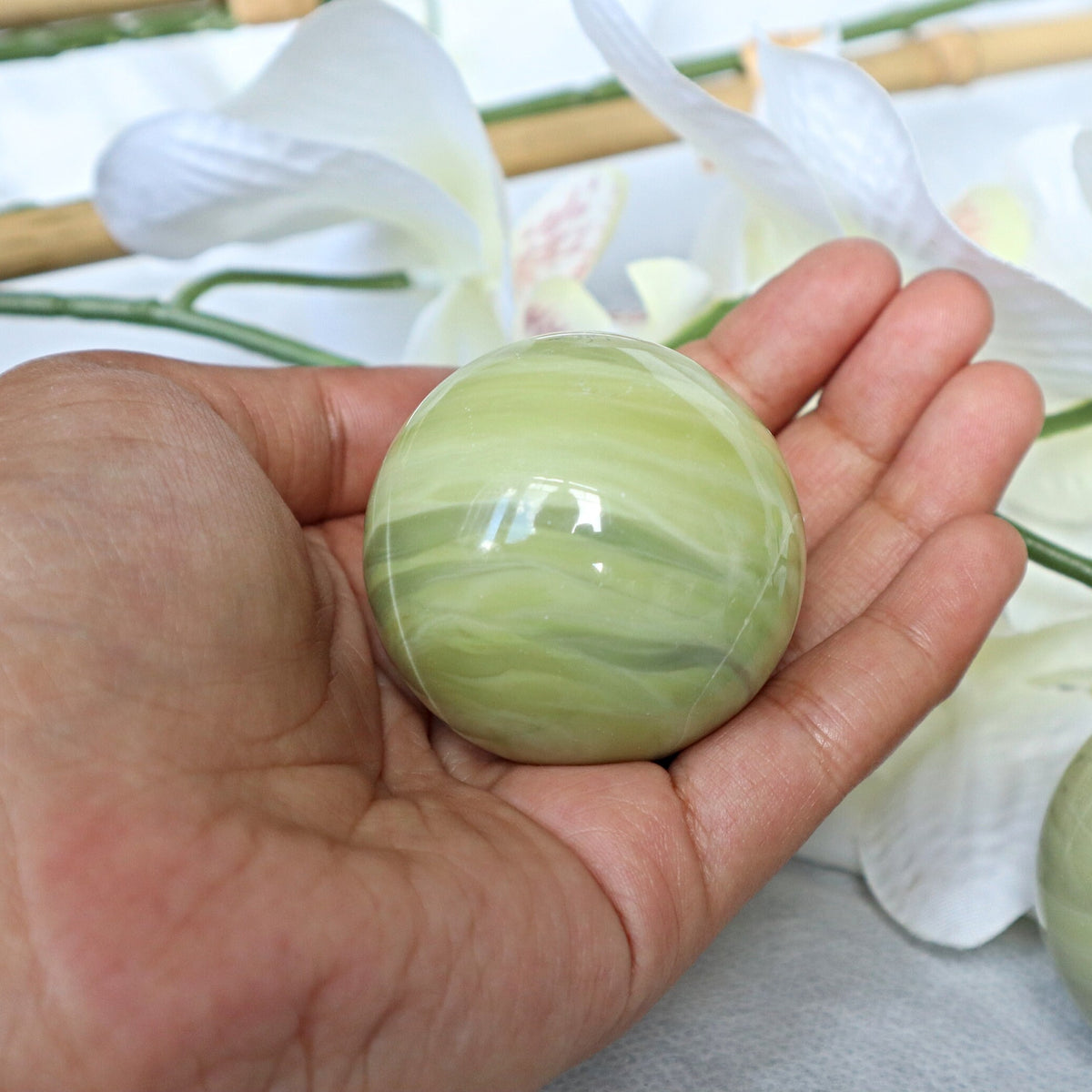 Butter Jade Sphere: Green Crystal Stone for Abundance (45mm)