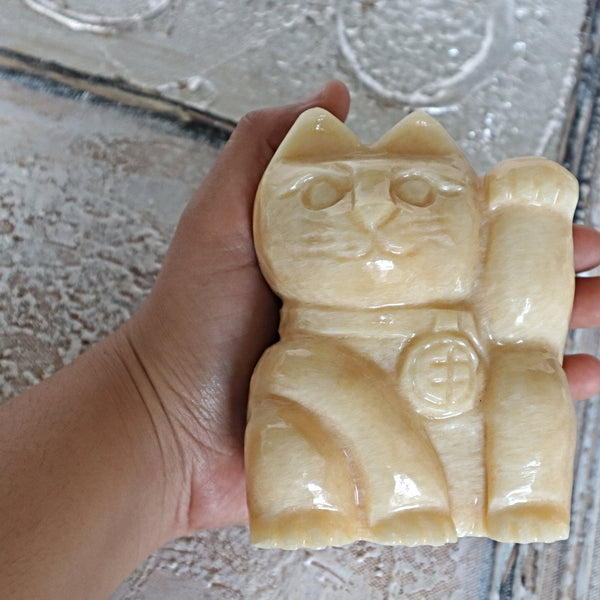 Large Yellow Calcite Lucky Cat | Maneki Neko Feng Shui Decor