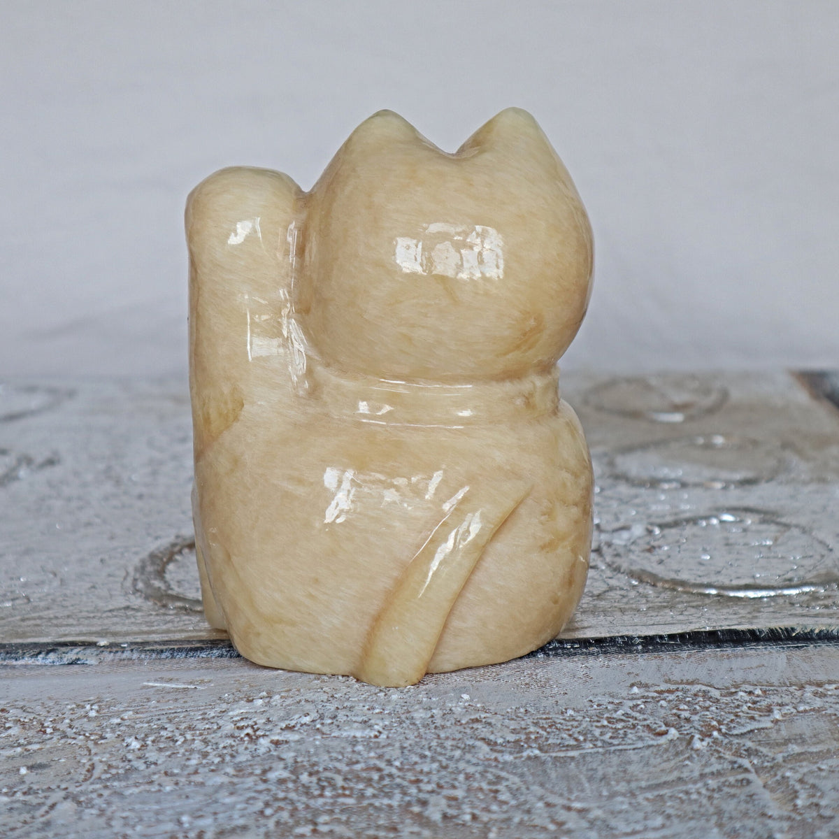 Large Yellow Calcite Lucky Cat | Maneki Neko Feng Shui Decor