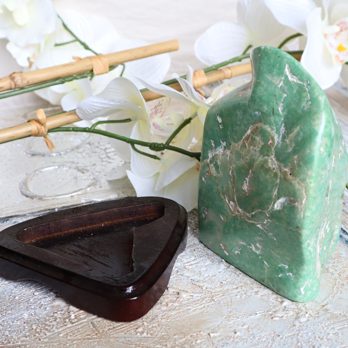 Large Nephrite Jade Stone free form on wooden stand for Abundance Lucky Stone