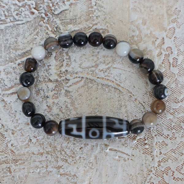 2 Eye Dzi Bead Bracelet: Tibetan Agate Amulet