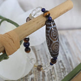 6 Dragon Eye Dzi Bead Bracelet: Tibetan Agate, Lapis & Quartz Crystal