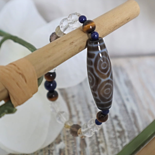 6 Dragon Eye Dzi Bead Bracelet: Tibetan Agate, Lapis & Quartz Crystal