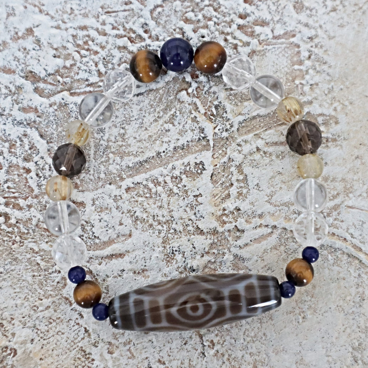 6 Dragon Eye Dzi Bead Bracelet: Tibetan Agate, Lapis & Quartz Crystal