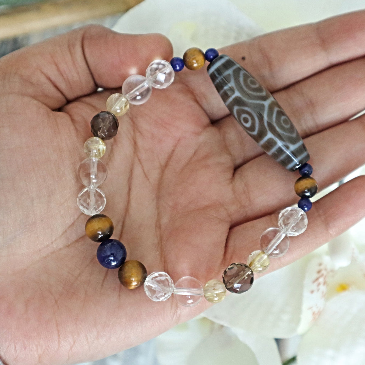 6 Dragon Eye Dzi Bead Bracelet: Tibetan Agate, Lapis & Quartz Crystal