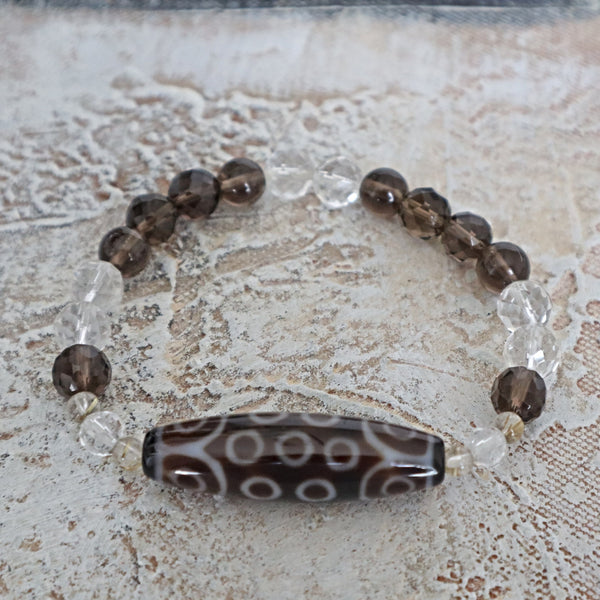 21 Eyed Dzi Bead Bracelet: Tibetan Agate, Quartz Crystal Amulet