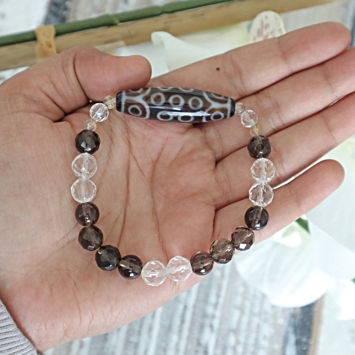 21 Eyed Dzi Bead Bracelet: Tibetan Agate, Quartz Crystal Amulet