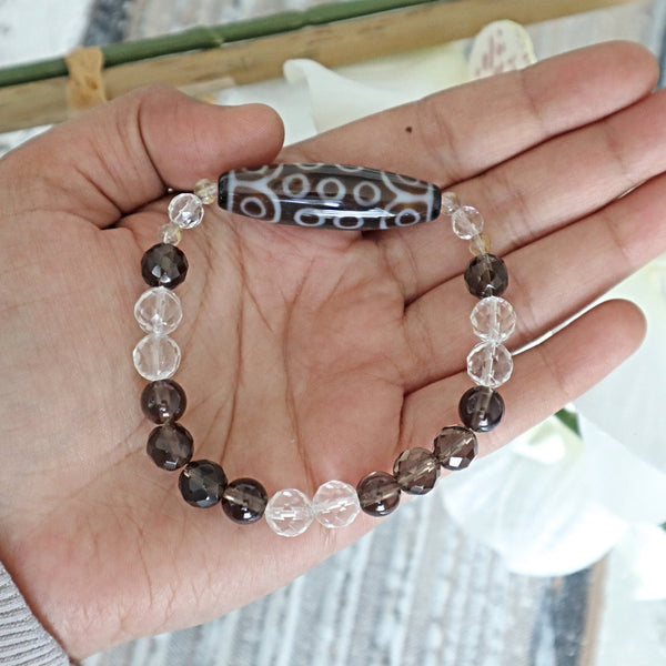 21 Eyed Dzi Bead Bracelet: Tibetan Agate, Quartz Crystal Amulet