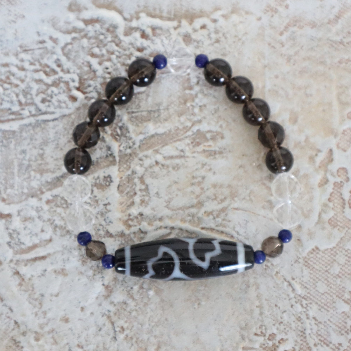Lotus Dzi Agate Bead Bracelet: Tibetan Amulet, Lapis & Quartz