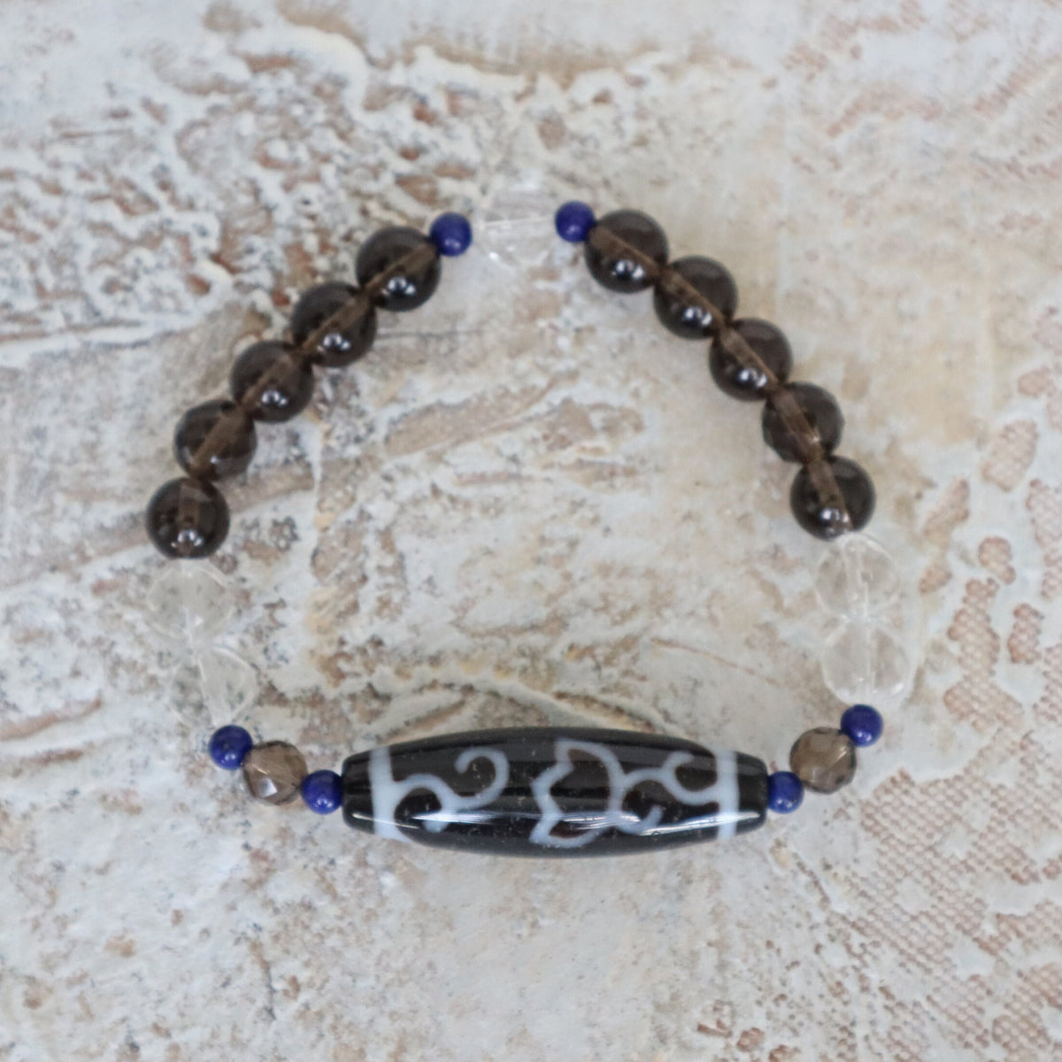 Lotus Dzi Agate Bead Bracelet: Tibetan Amulet, Lapis & Quartz