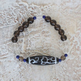 Lotus Dzi Agate Bead Bracelet: Tibetan Amulet, Lapis & Quartz