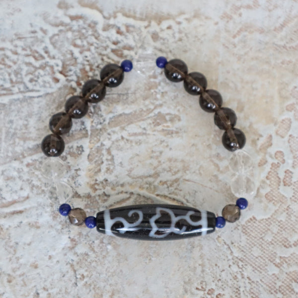Lotus Dzi Agate Bead Bracelet: Tibetan Amulet, Lapis & Quartz