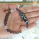 Lotus Dzi Agate Bead Bracelet: Tibetan Amulet, Lapis & Quartz