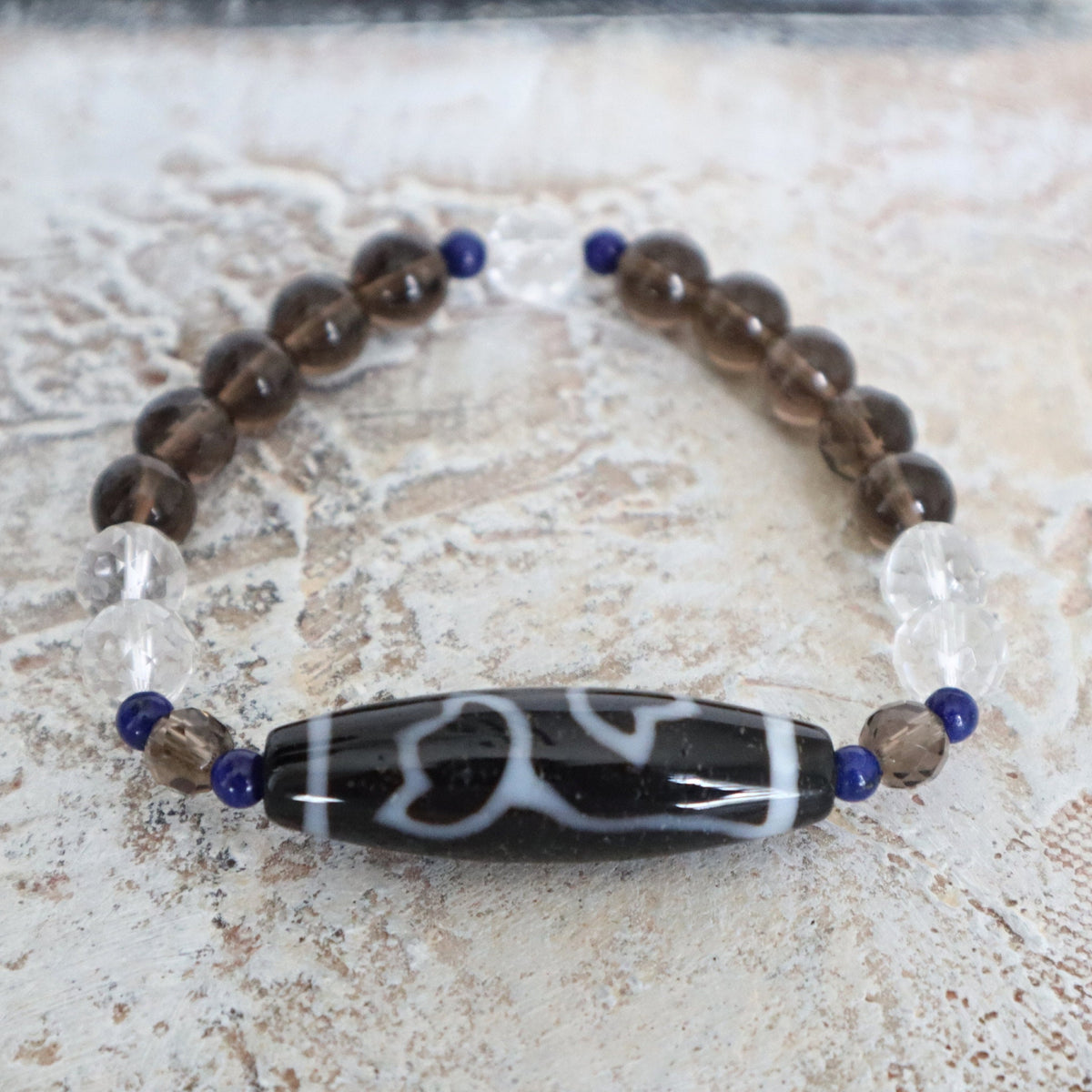 Lotus Dzi Agate Bead Bracelet: Tibetan Amulet, Lapis & Quartz