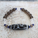 Lotus Dzi Agate Bead Bracelet: Tibetan Amulet, Lapis & Quartz
