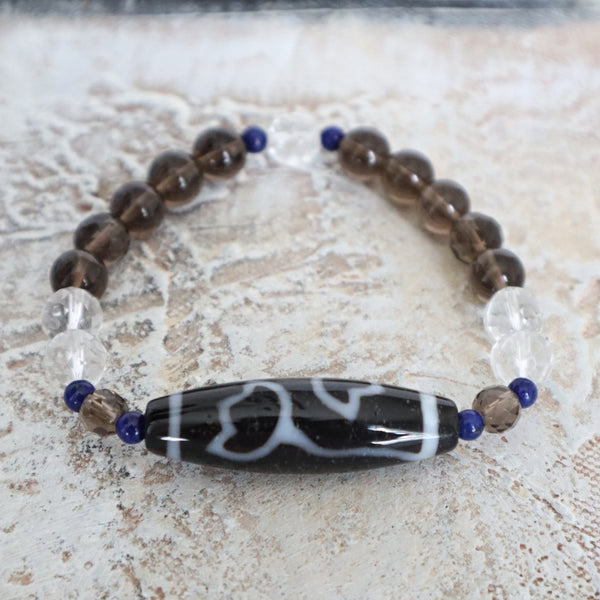 Lotus Dzi Agate Bead Bracelet: Tibetan Amulet, Lapis & Quartz