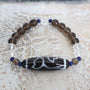 Lotus Dzi Agate Bead Bracelet: Tibetan Amulet, Lapis & Quartz