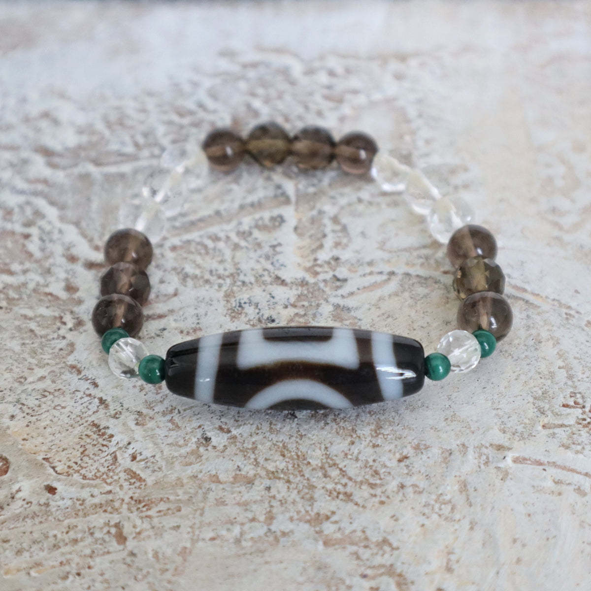 2 Eyed Dzi Bead Bracelet: Tibetan Agate, Malachite, Quartz