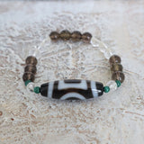 2 Eyed Dzi Bead Bracelet: Tibetan Agate, Malachite, Quartz