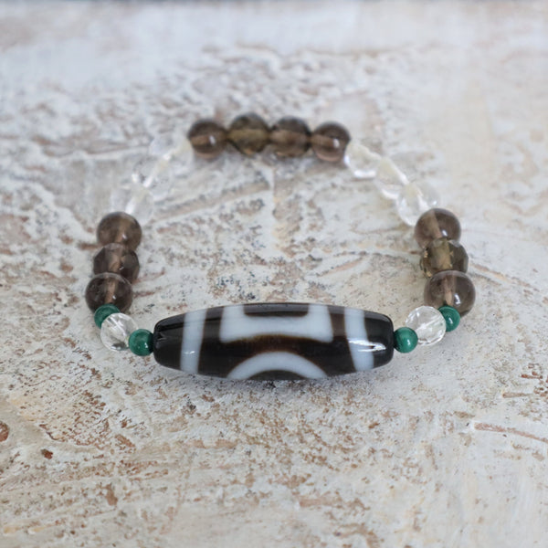 2 Eyed Dzi Bead Bracelet: Tibetan Agate, Malachite, Quartz