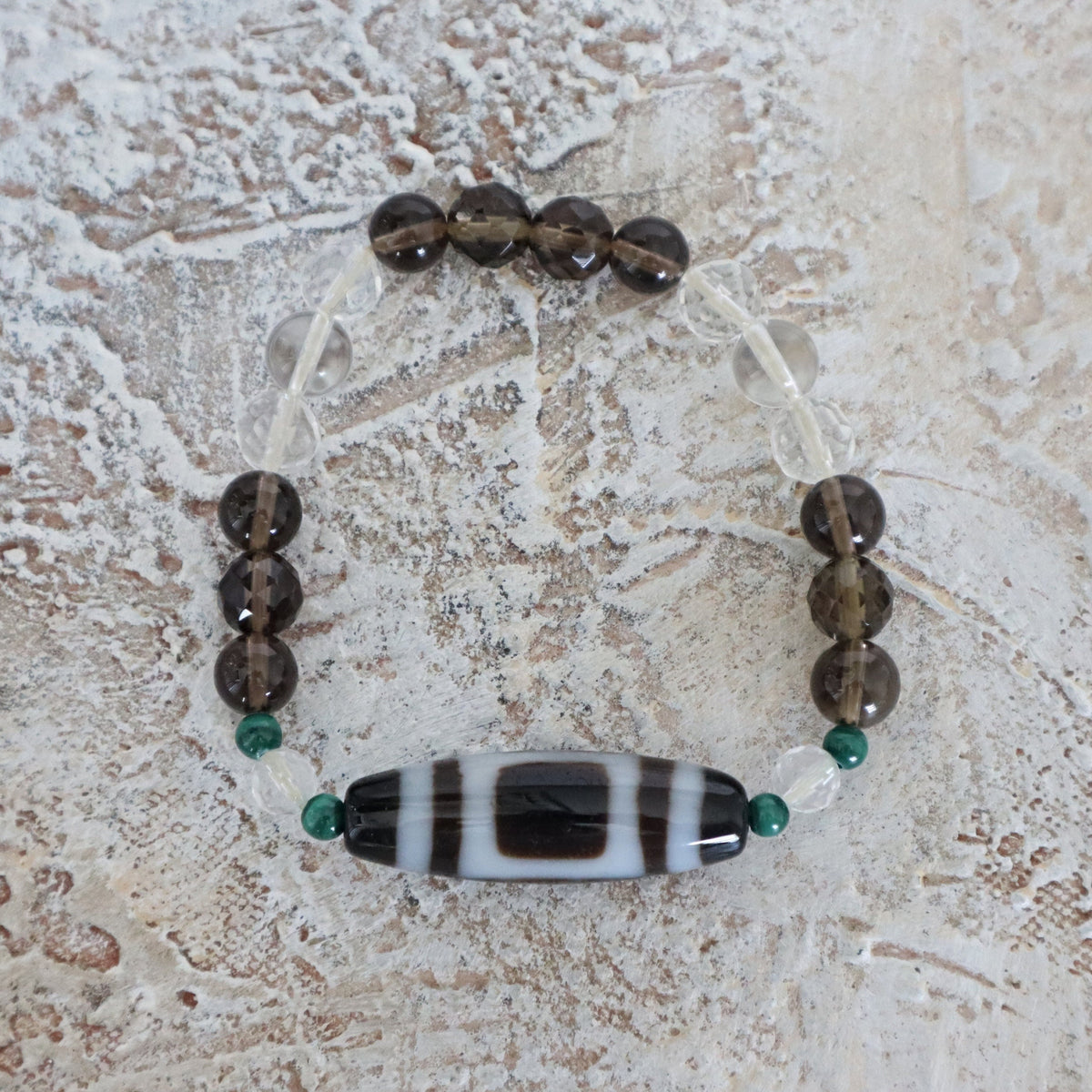 2 Eyed Dzi Bead Bracelet: Tibetan Agate, Malachite, Quartz