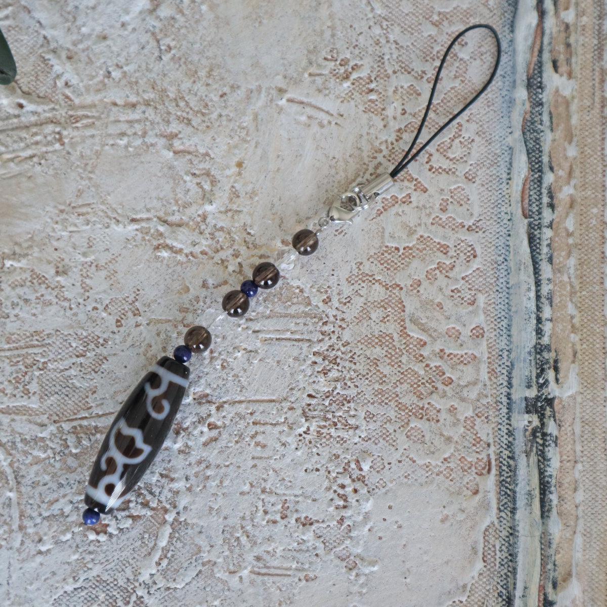 Lotus Tibetan Agate Dzi Bead Car Charm: Lapis & Quartz Crystal Strap