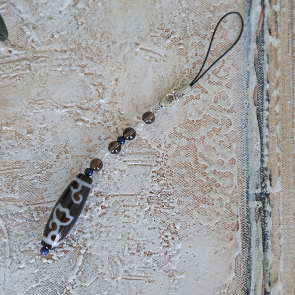 Lotus Tibetan Agate Dzi Bead Car Charm: Lapis & Quartz Crystal Strap