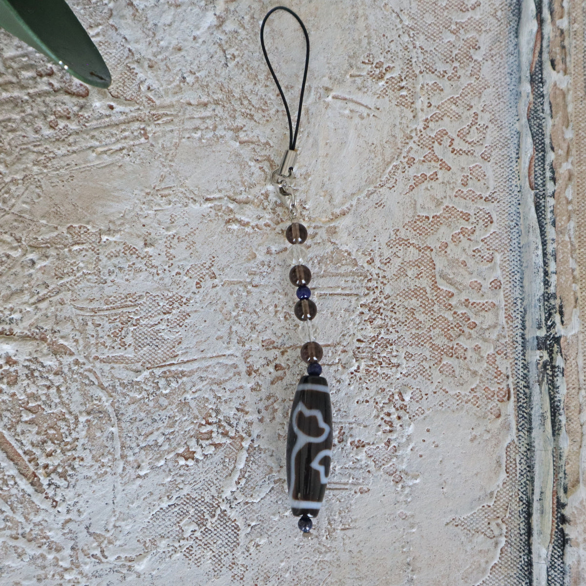 Lotus Tibetan Agate Dzi Bead Car Charm: Lapis & Quartz Crystal Strap