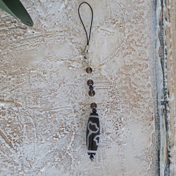 Lotus Tibetan Agate Dzi Bead Car Charm: Lapis & Quartz Crystal Strap
