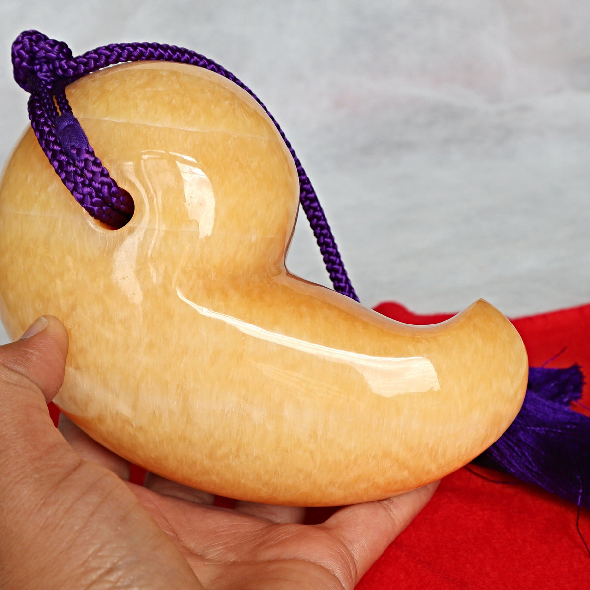 Extra Large Magatama Orange Calcite, Tokonoma Display Accessory, Japanese Magatama Lucky Decorative Omamori Tassel