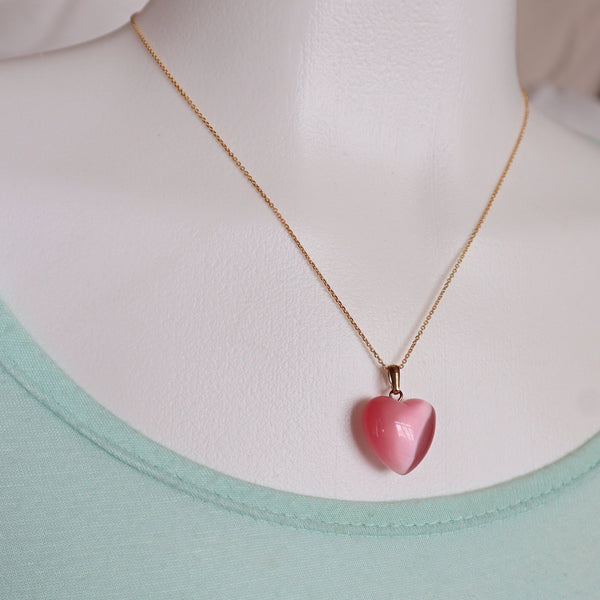 Pink Cats Eye Heart Pendant Necklace gold plated sterling silver