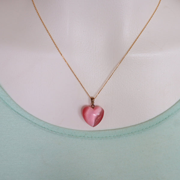 Pink Cats Eye Heart Pendant Necklace gold plated sterling silver