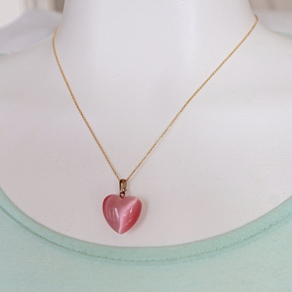 Pink Cats Eye Heart Pendant Necklace gold plated sterling silver